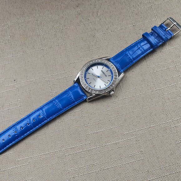 Manhattan by Croton Women Watch Crystal Accent Blue Leather Band Wrist Watch - Picture 8 of 11